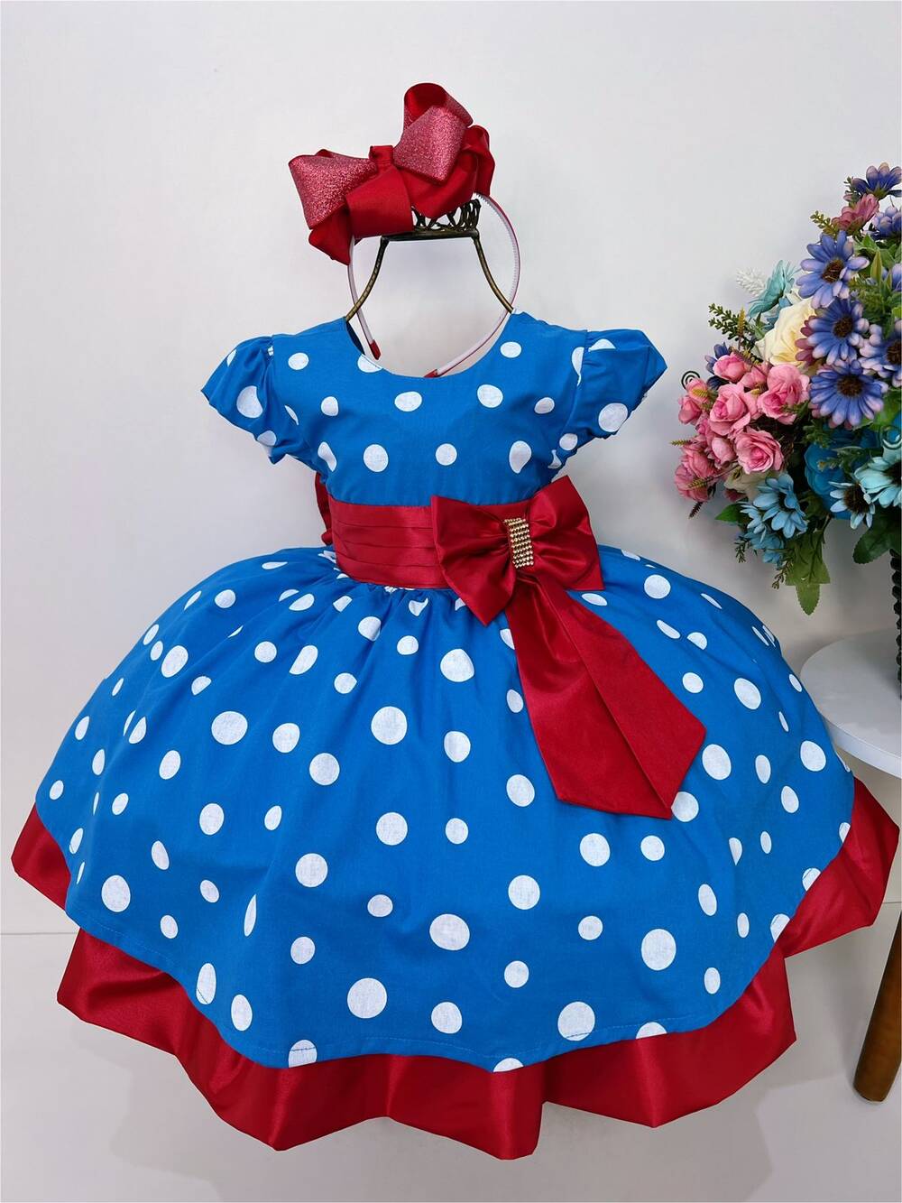 Vestido Infantil Galinha Pintadinha Azul C/ Bolas Brancas