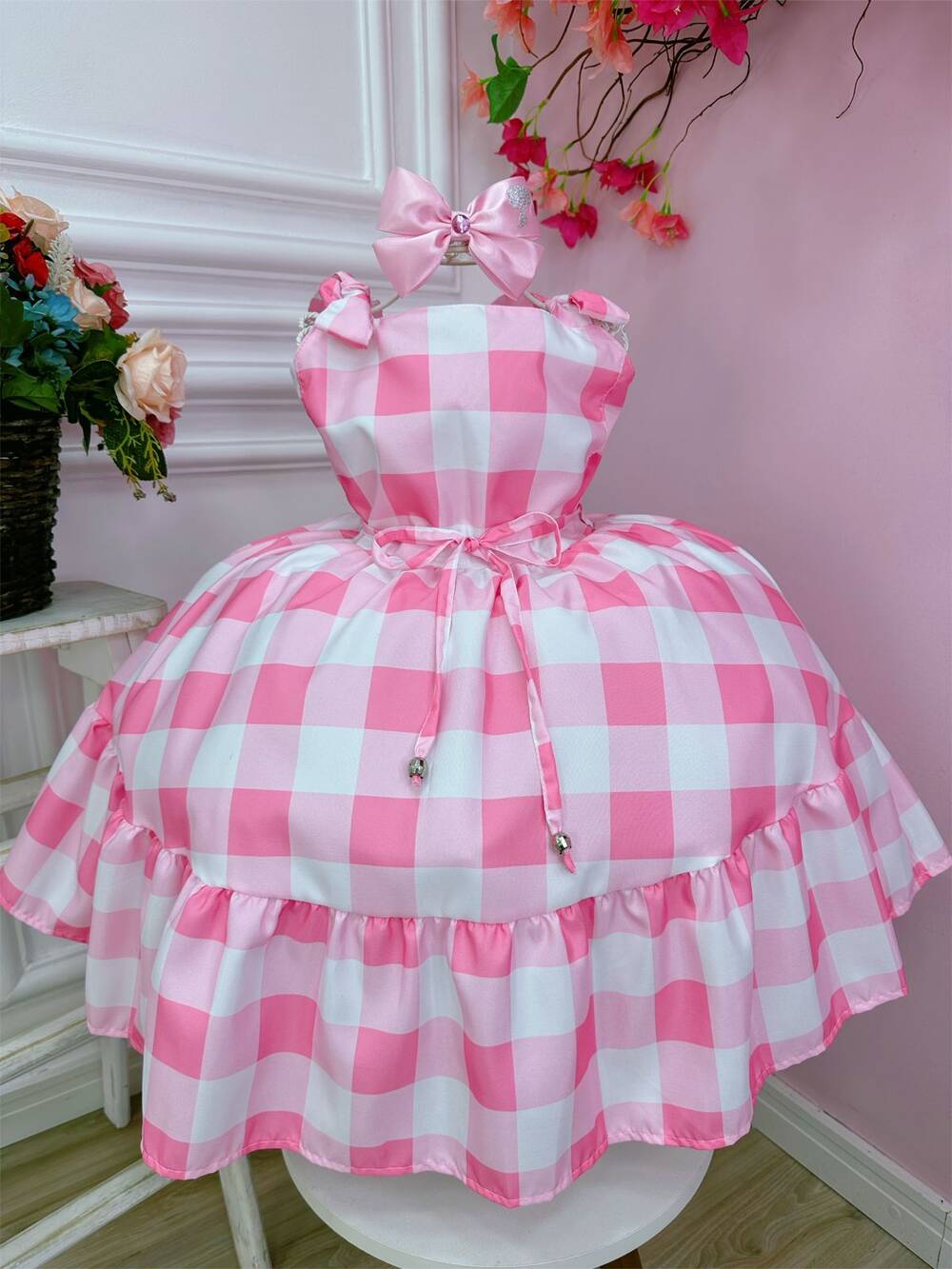 Vestido Infantil Barbie Xadrez Rosa Bebê Com Laço