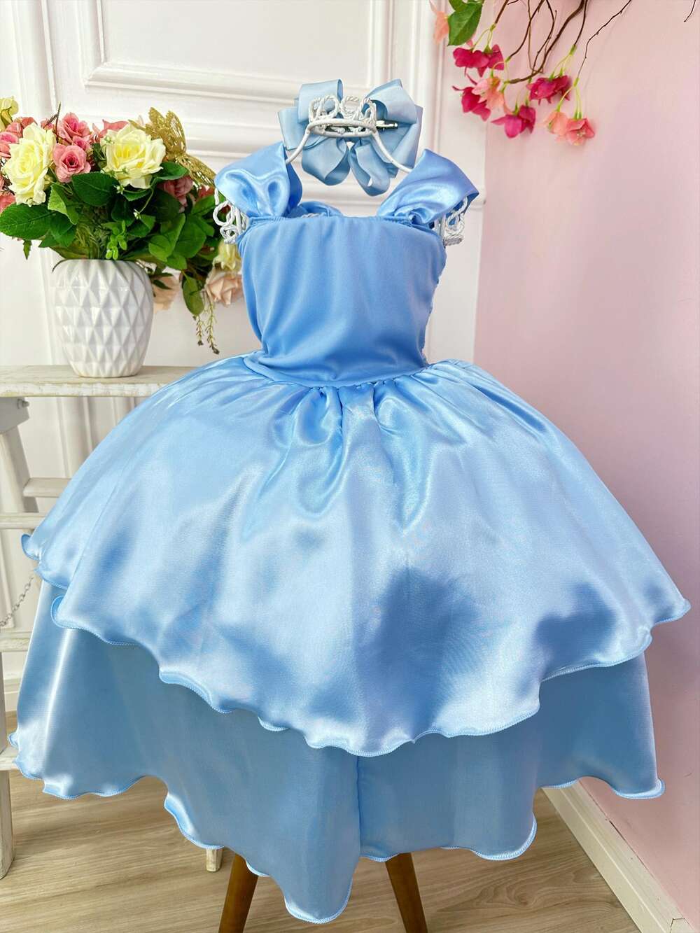 Fantasia Infantil Frozen e Cinderela C/ Renda Azul Strass