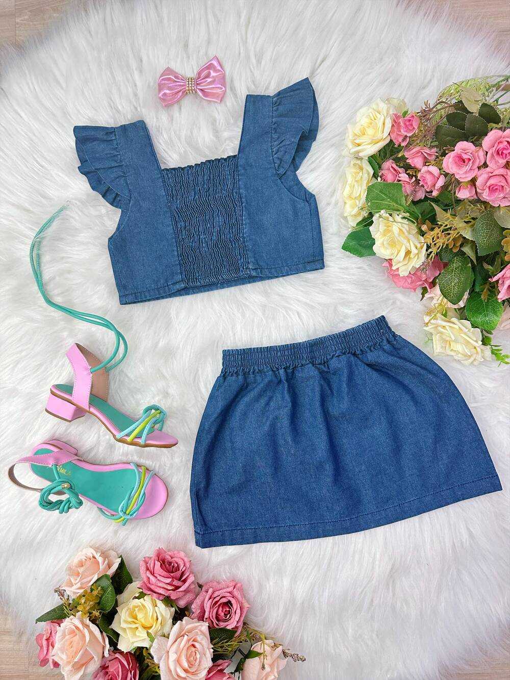 Conjunto Jeans Hi Barbie Com Laço Festas Luxo