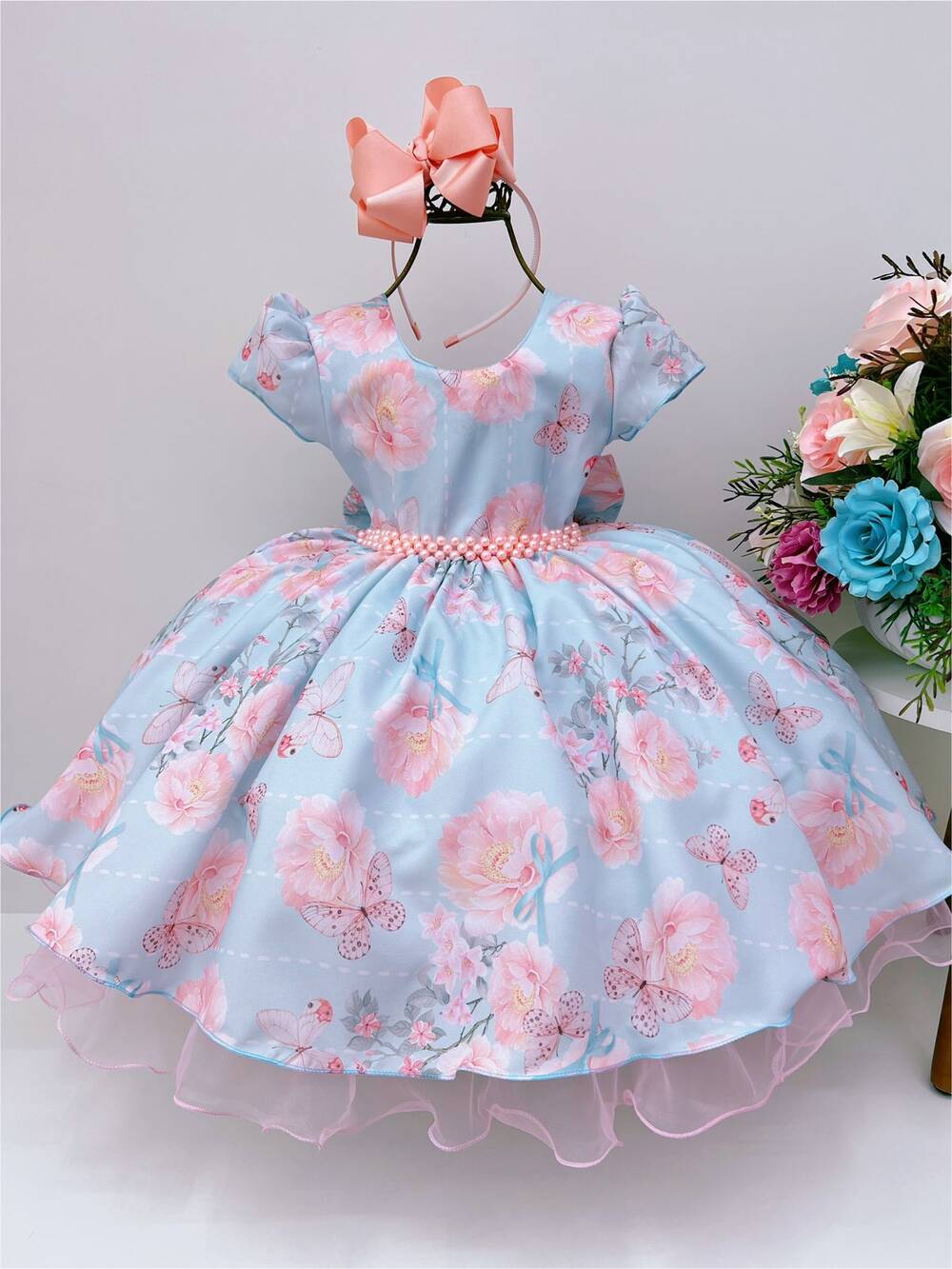 Vestido Infantil Azul Tiffany Jardim das Borboletas Pérolas