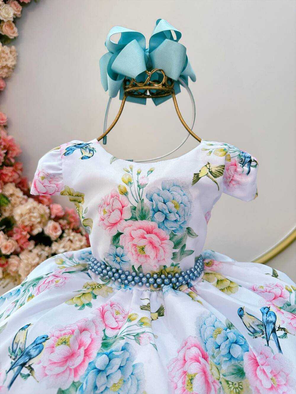 Vestido Infantil Branco Jardim dos Pássaros C/ Pérolas Luxo