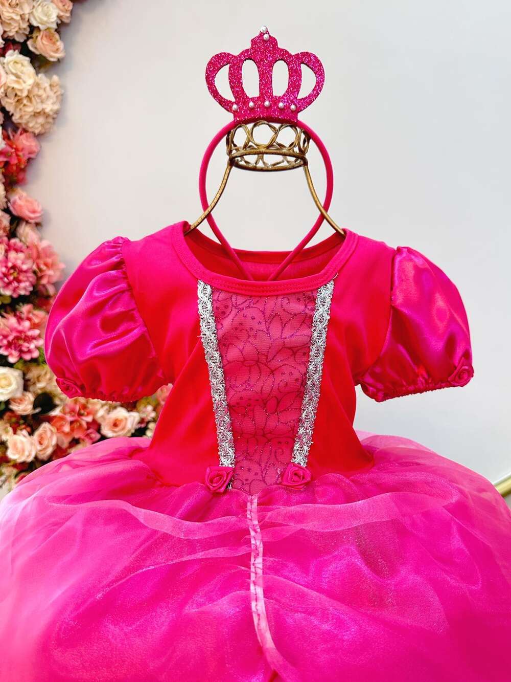 Fantasia Infantil Princesa Barbie Aurora Pink Tiara e Luva