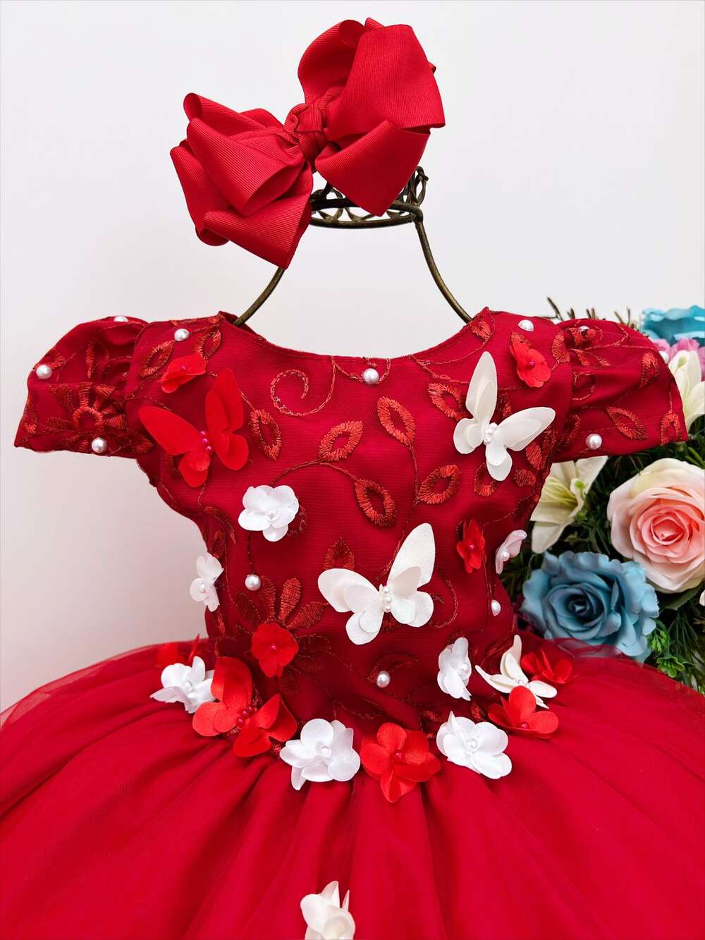 Vestido Infantil Vermelho Renda Aplique Flores Borboletas