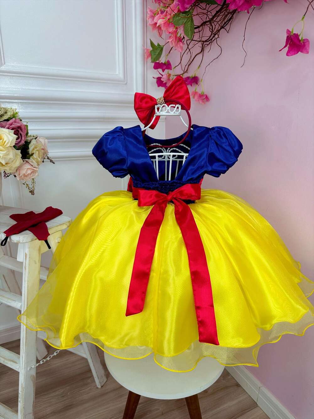 Vestido Fantasia Infantil Branca de Neve Capa e Tiara e Luva