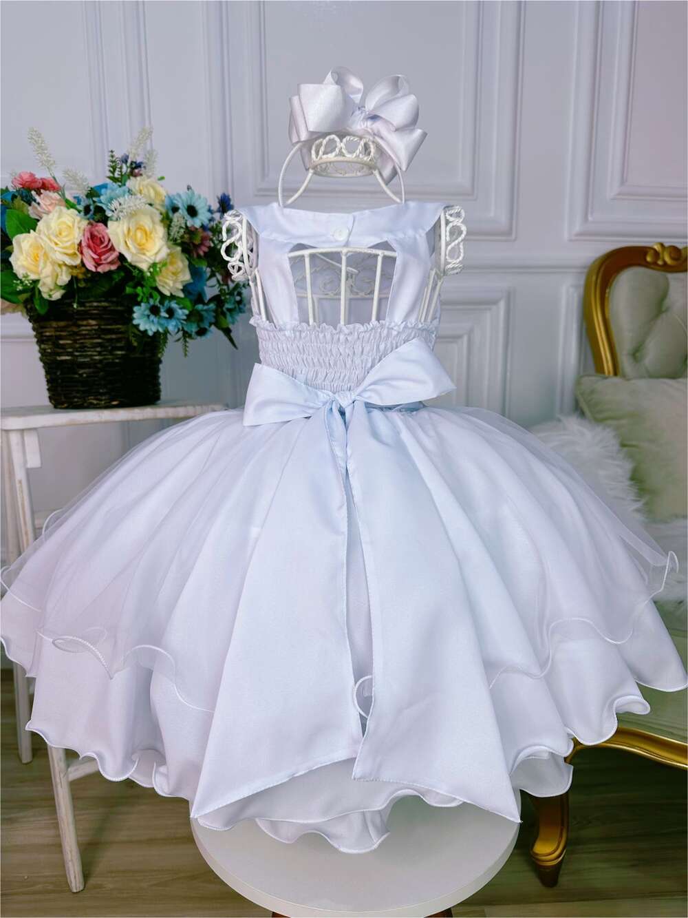 Vestido Infantil Branco C/ Renda Glitter e Cinto de Pérolas