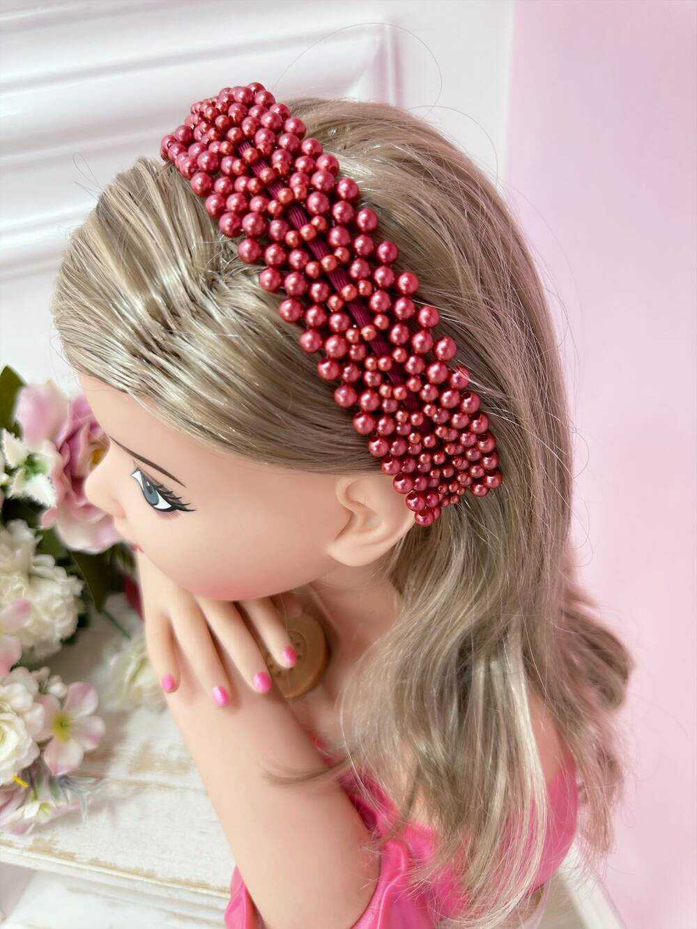 Tiara Infantil de Pérolas Marsala Larga Luxo