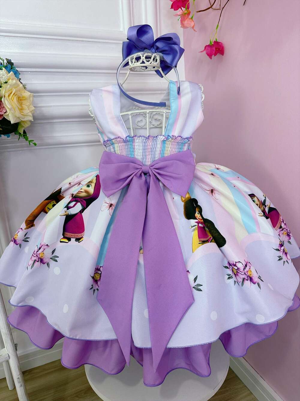 Vestido Infantil Masha e o Urso C/ Borboletas Cinto Pérolas