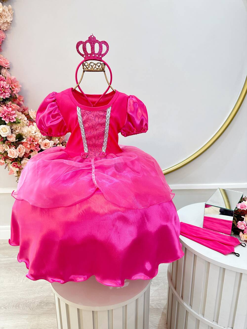 Fantasia Infantil Princesa Barbie Aurora Pink Tiara e Luva