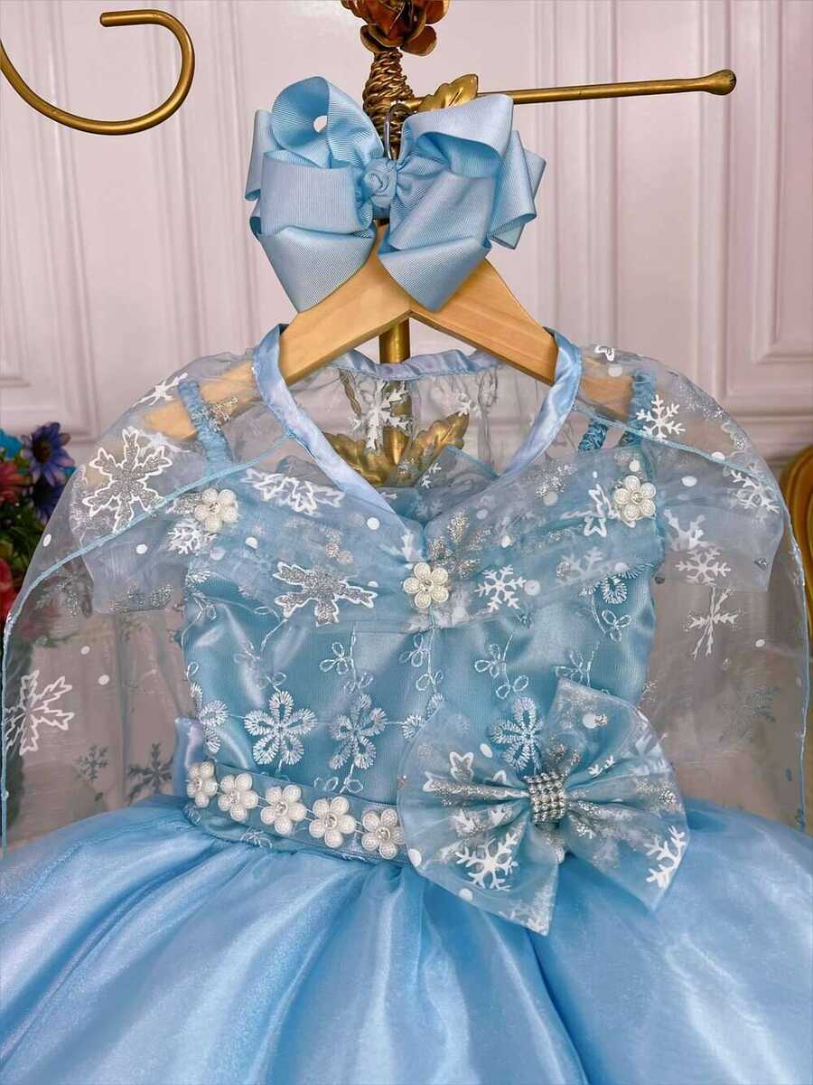 Vestido Infantil Frozen com Capa e Laço Festa Princesas Luxo