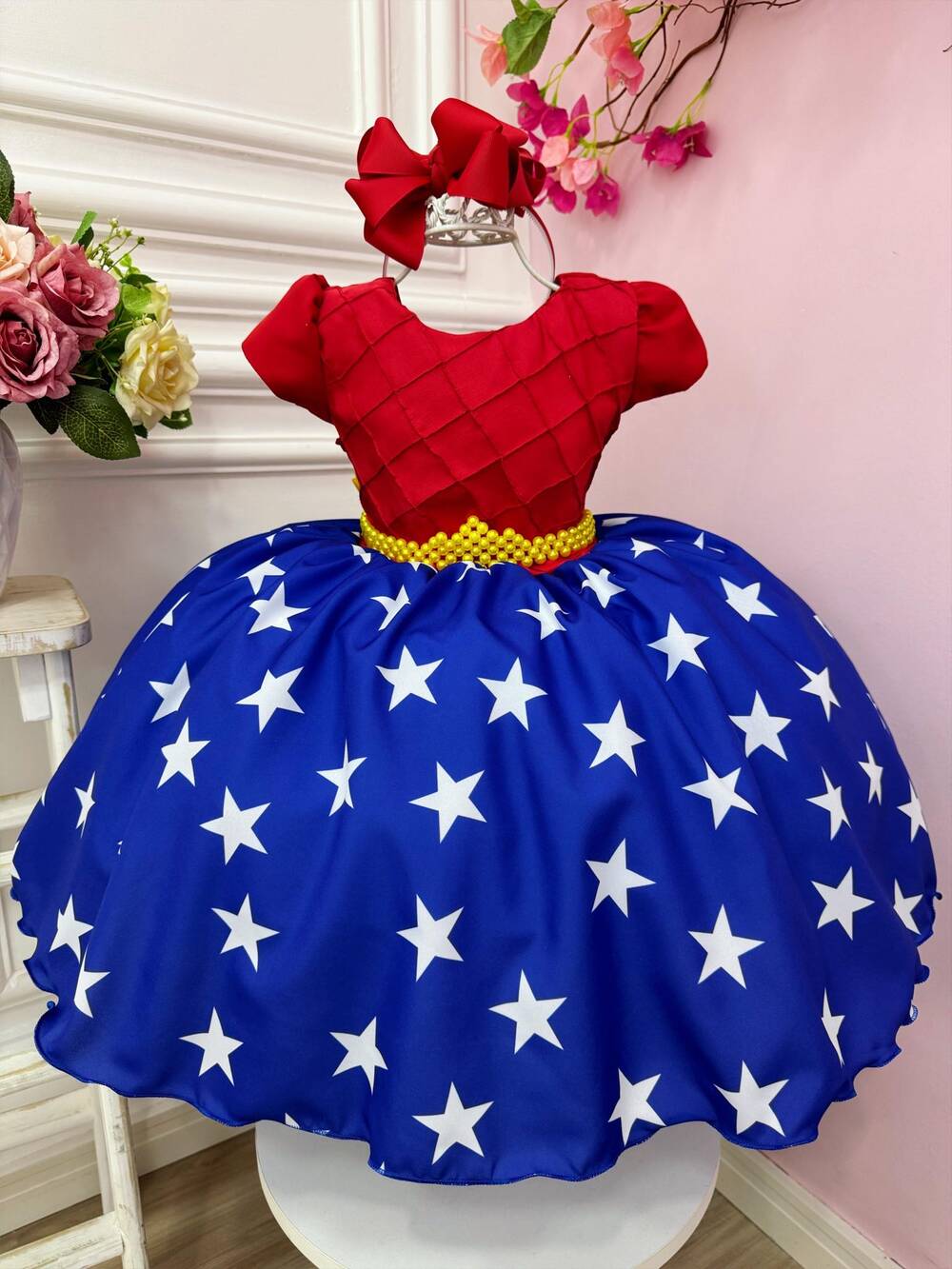 Vestido Infantil Mulher Maravilha Vermelho e Azul Luxo