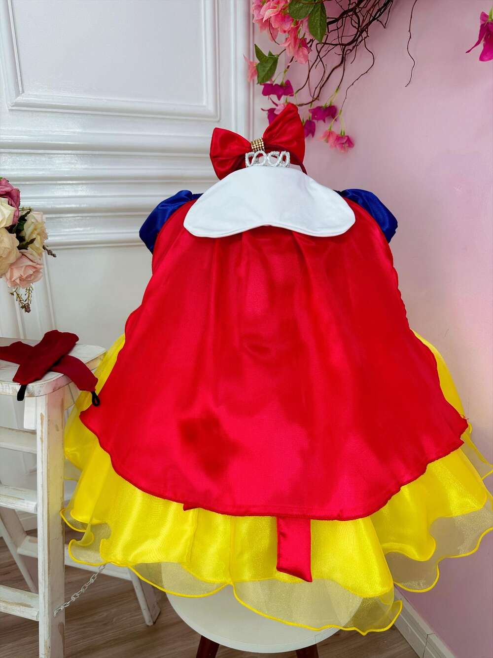 Vestido Fantasia Infantil Branca de Neve Capa e Tiara e Luva