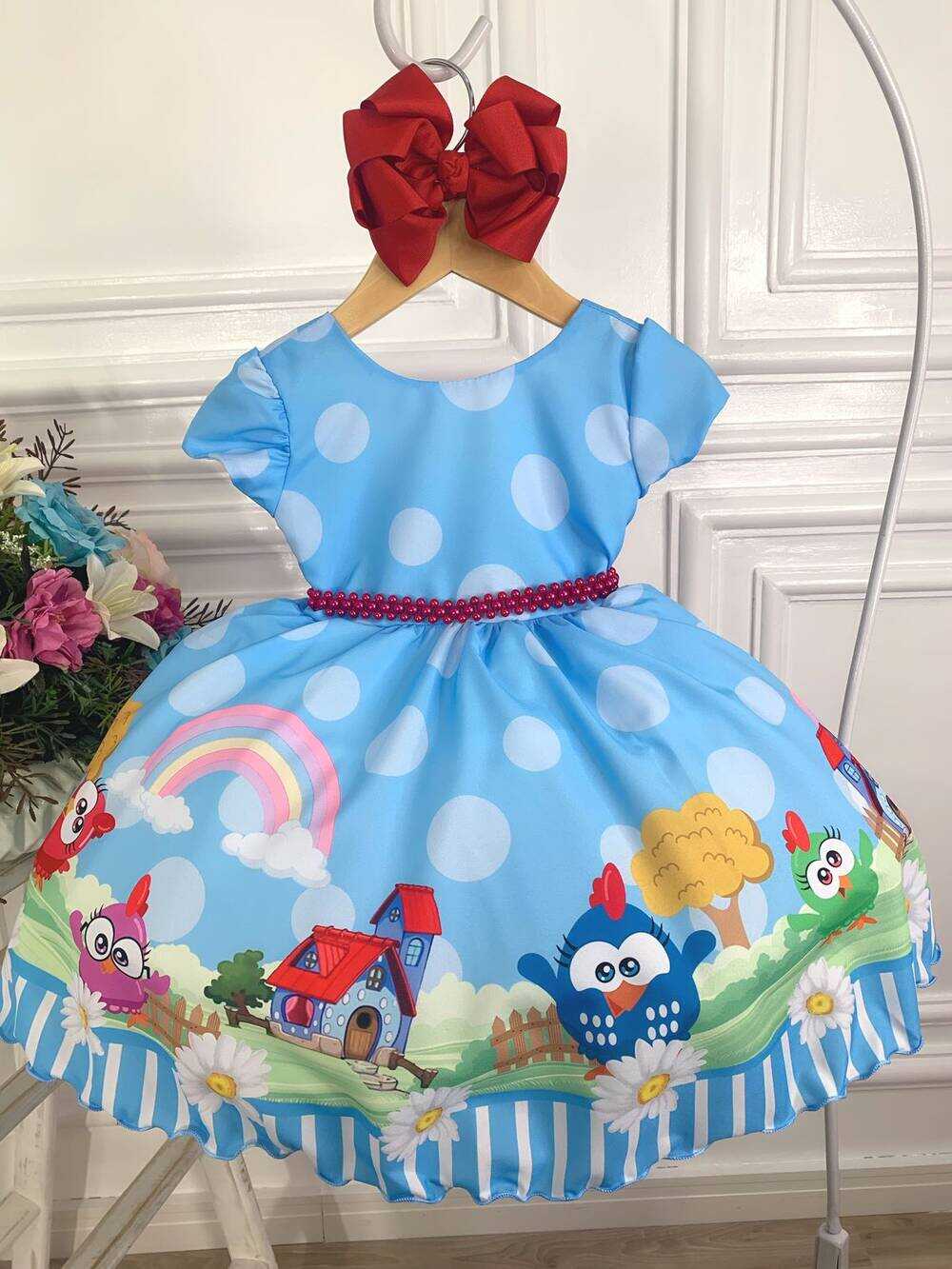 Vestido Infantil Azul Galinha Pintadinha na Fazenda Luxo