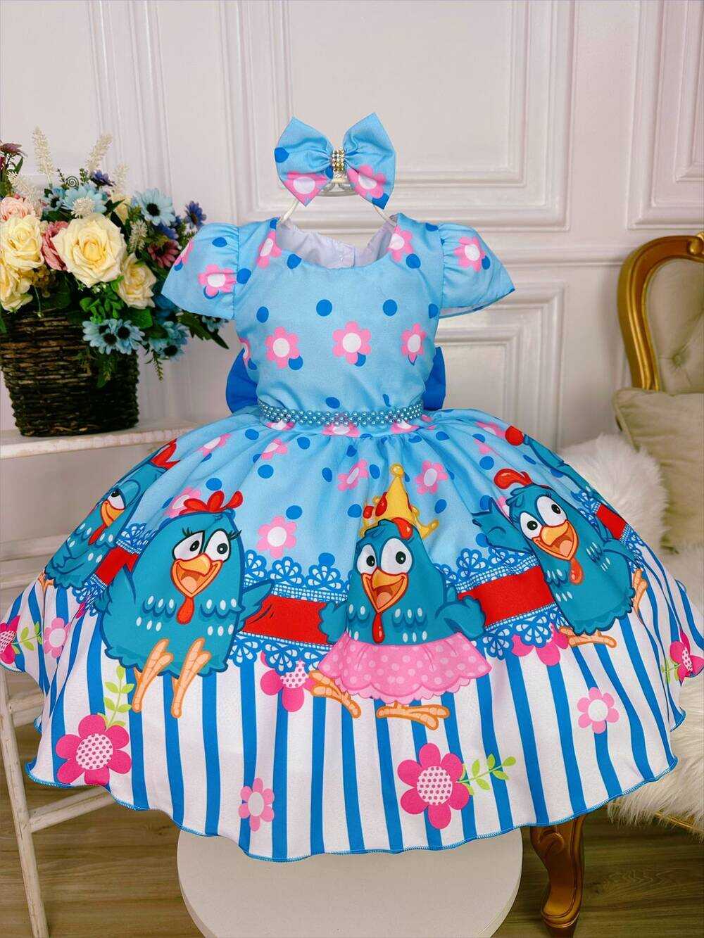 Vestido Infantil Galinha Pintadinha Florido Azul C/ Laço