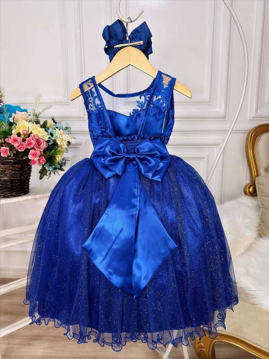 Vestido Infantil Azul Royal Renda Realeza Tule C/ Glitter