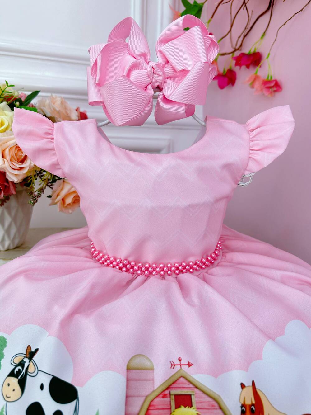 Vestido Infantil Baby Fazendinha Rosa C/ Pérolas Festas