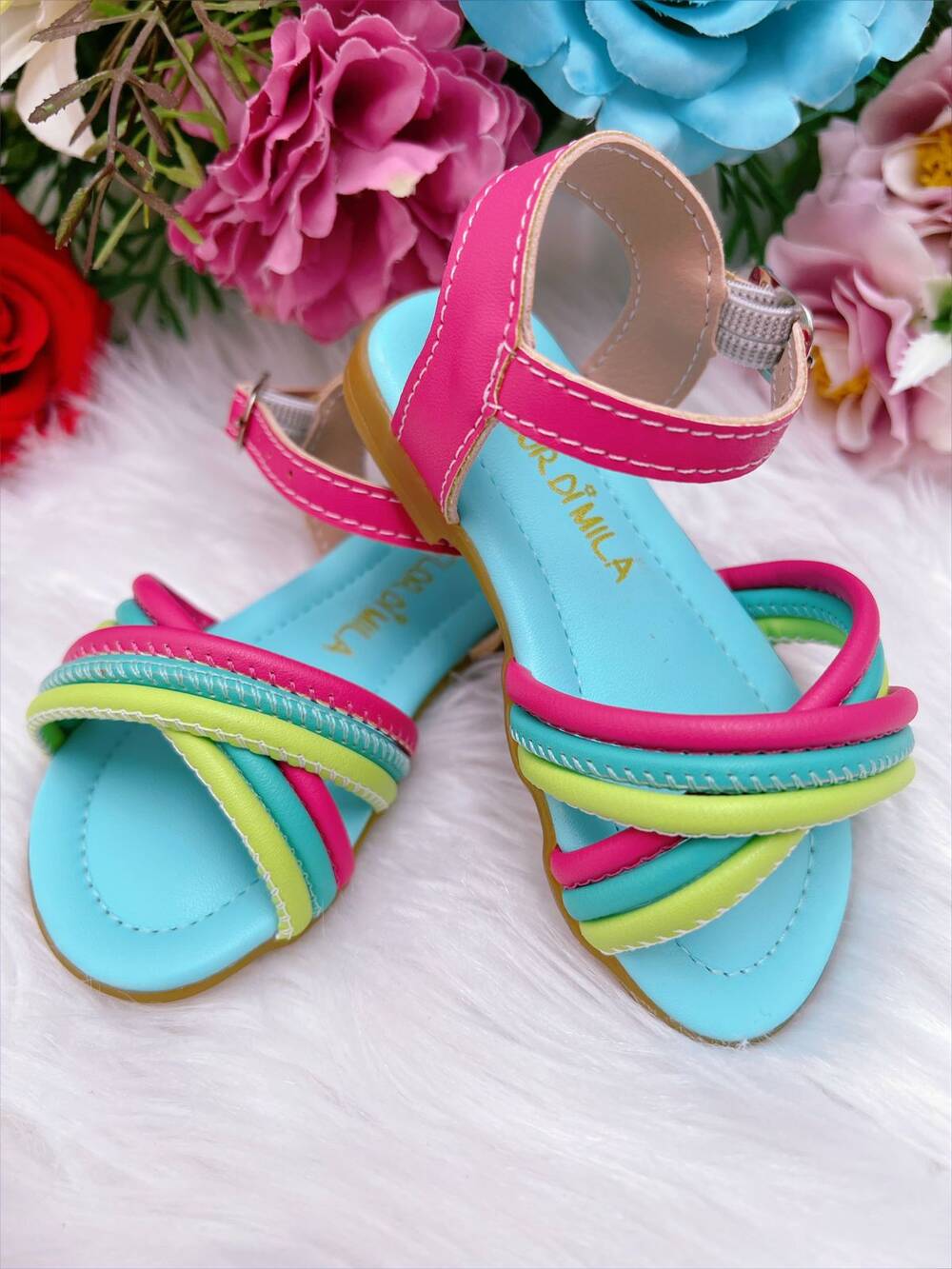 Sandália Infantil C/ Tiras Coloridas Rasteira Azul Bebê Luxo