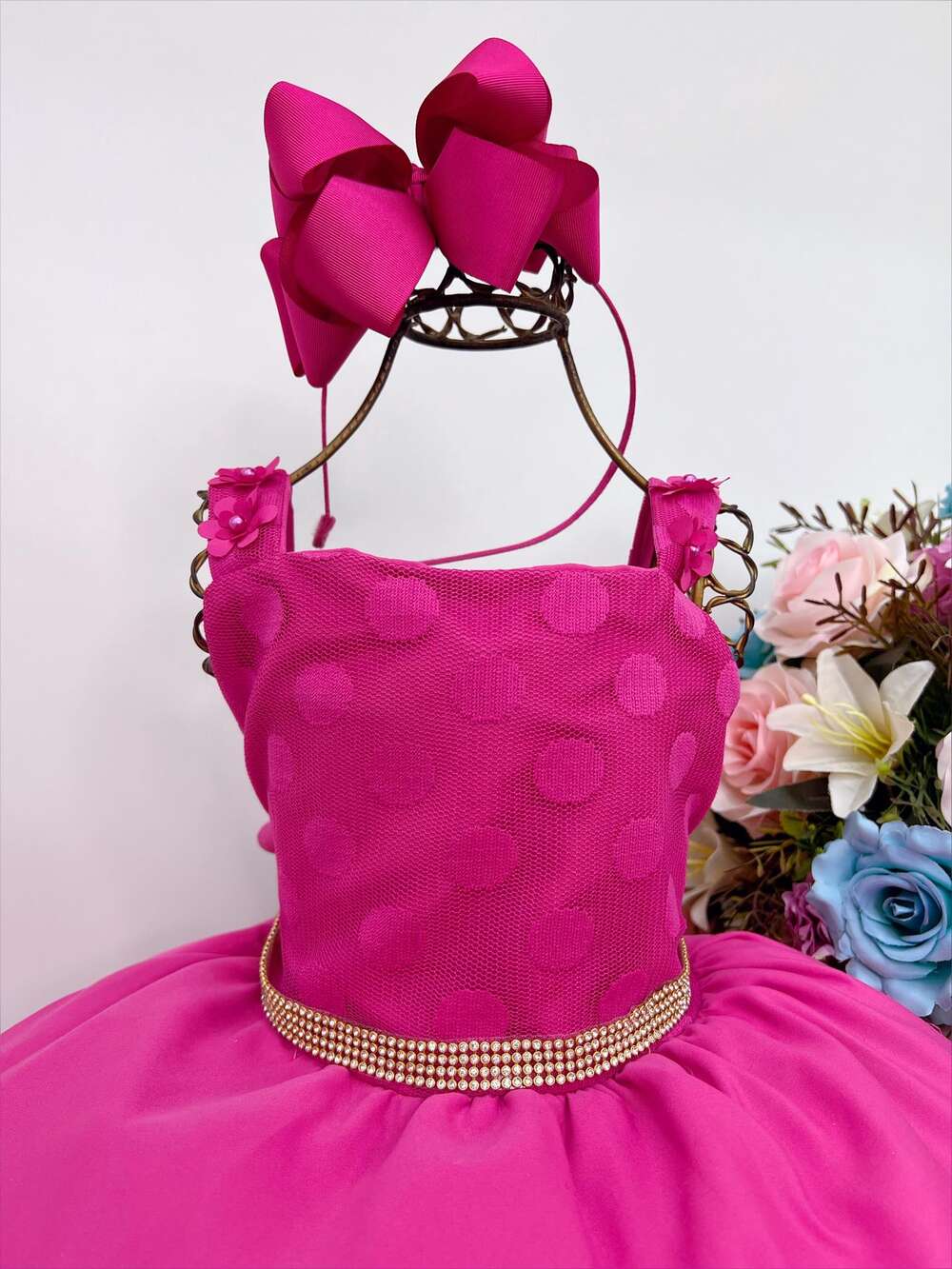 Vestido Infantil Pink Bolinhas Aplique de Flores Strass