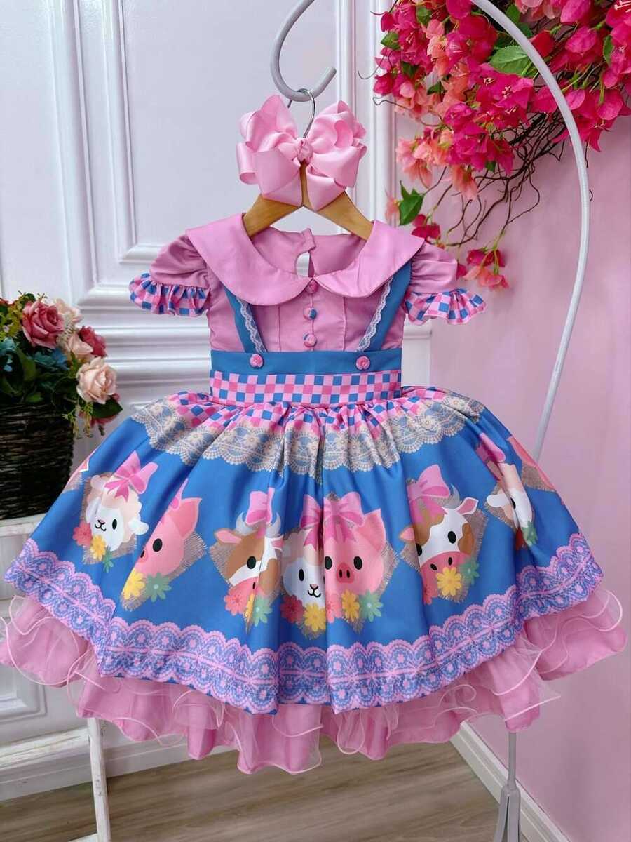 Vestido Infantil Rosa Fazendinha Bichos Aplique Botões