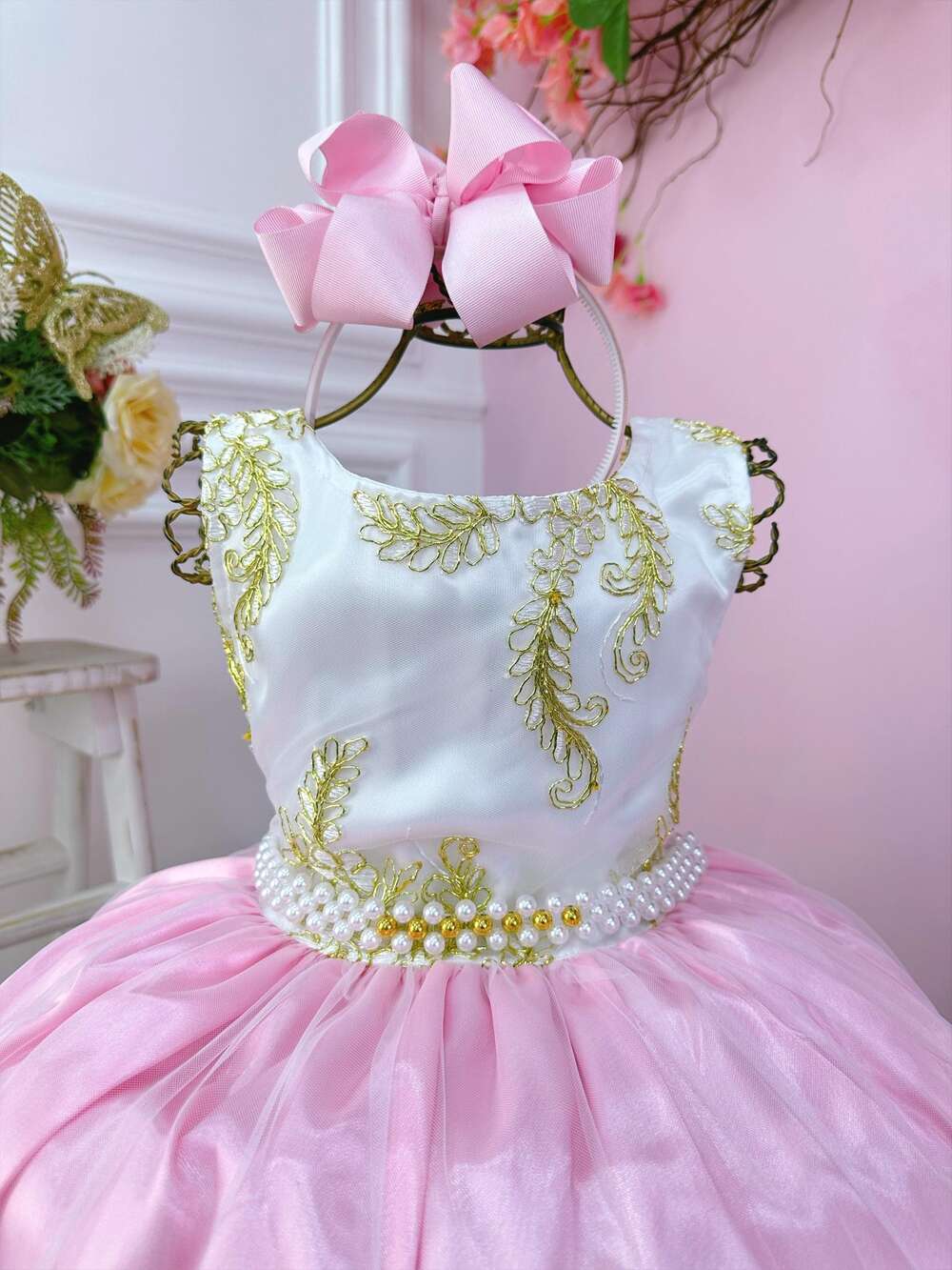 Vestido Infantil Branco Com Rosa e Renda Realeza Daminhas