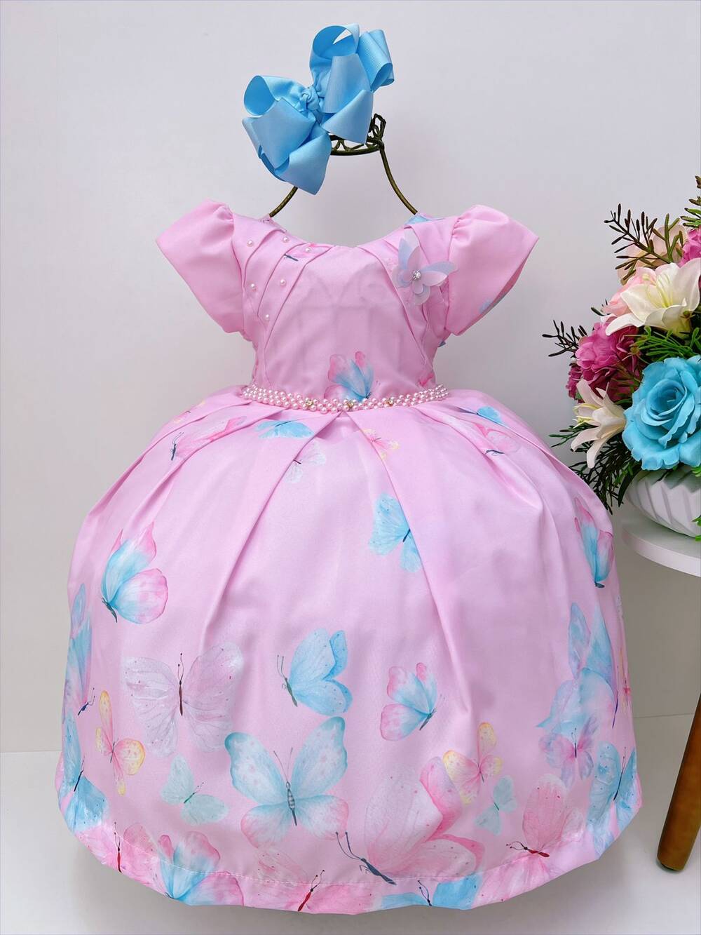 Vestido Infantil Rosa e Aplique Borboletas Coloridas Pérolas