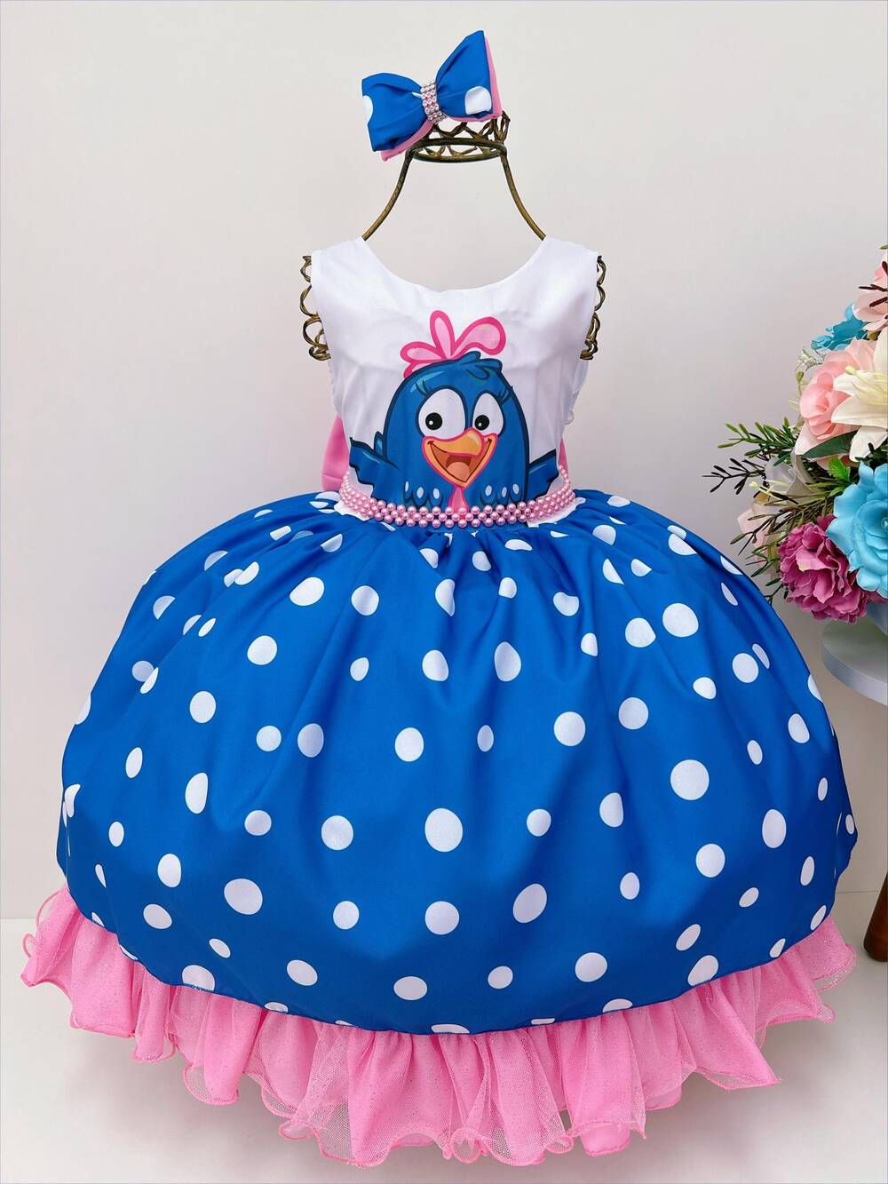 Vestido Infantil Galinha Pintadinha Azul Bolas Brancas Laço