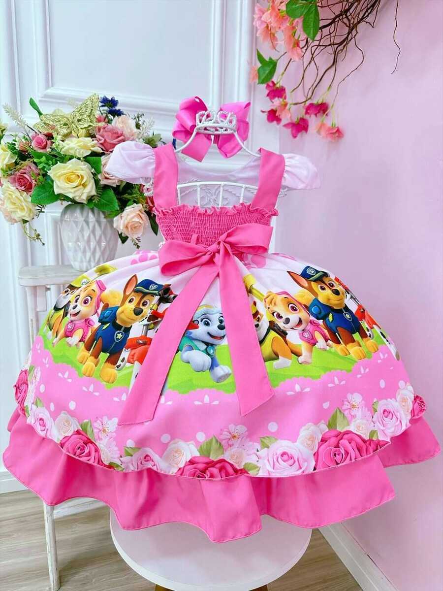 Vestido Infantil Patrulha Canina Rosa Barrado Chiclete