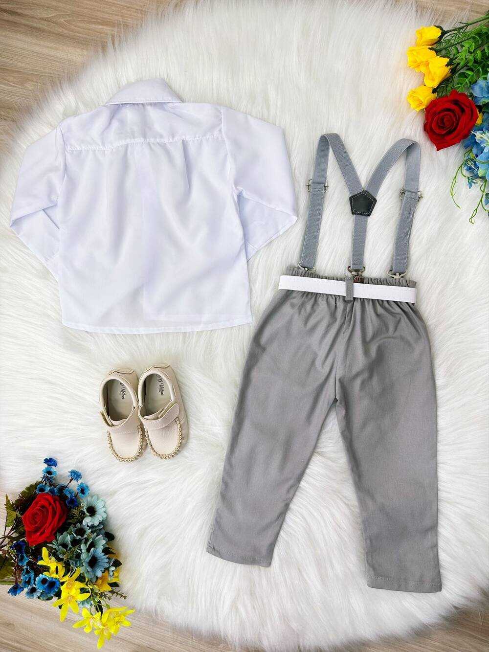 Conjunto Social Camisa Branca Susp. Calça e Gravata Cinza