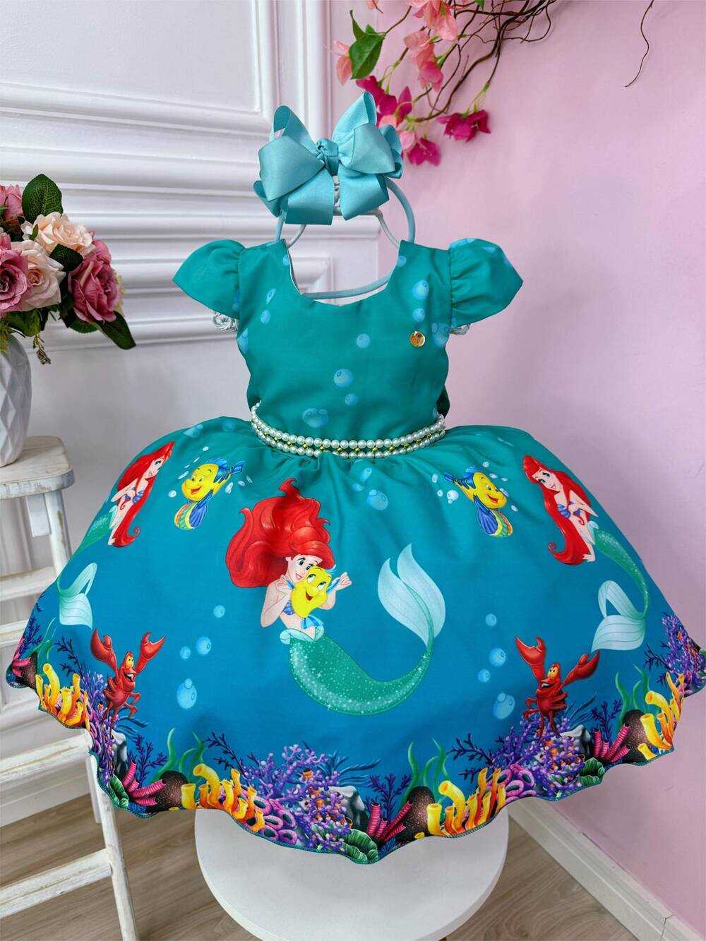 Vestido Infantil Ariel Linguado Fundo Mar Verde C/ Pérolas