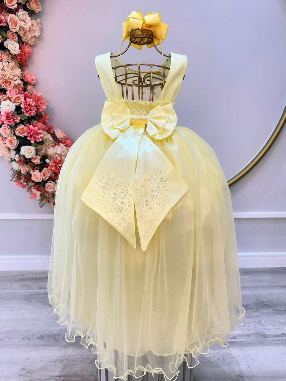 Vestido Infantil Amarelo Damas de Honra Longo Strass Pérolas