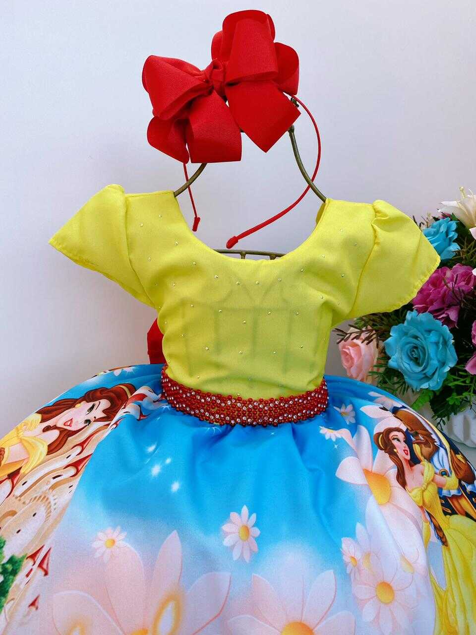 Vestido Infantil Bela e a Fera Amarelo Claro Azul e Vermelho