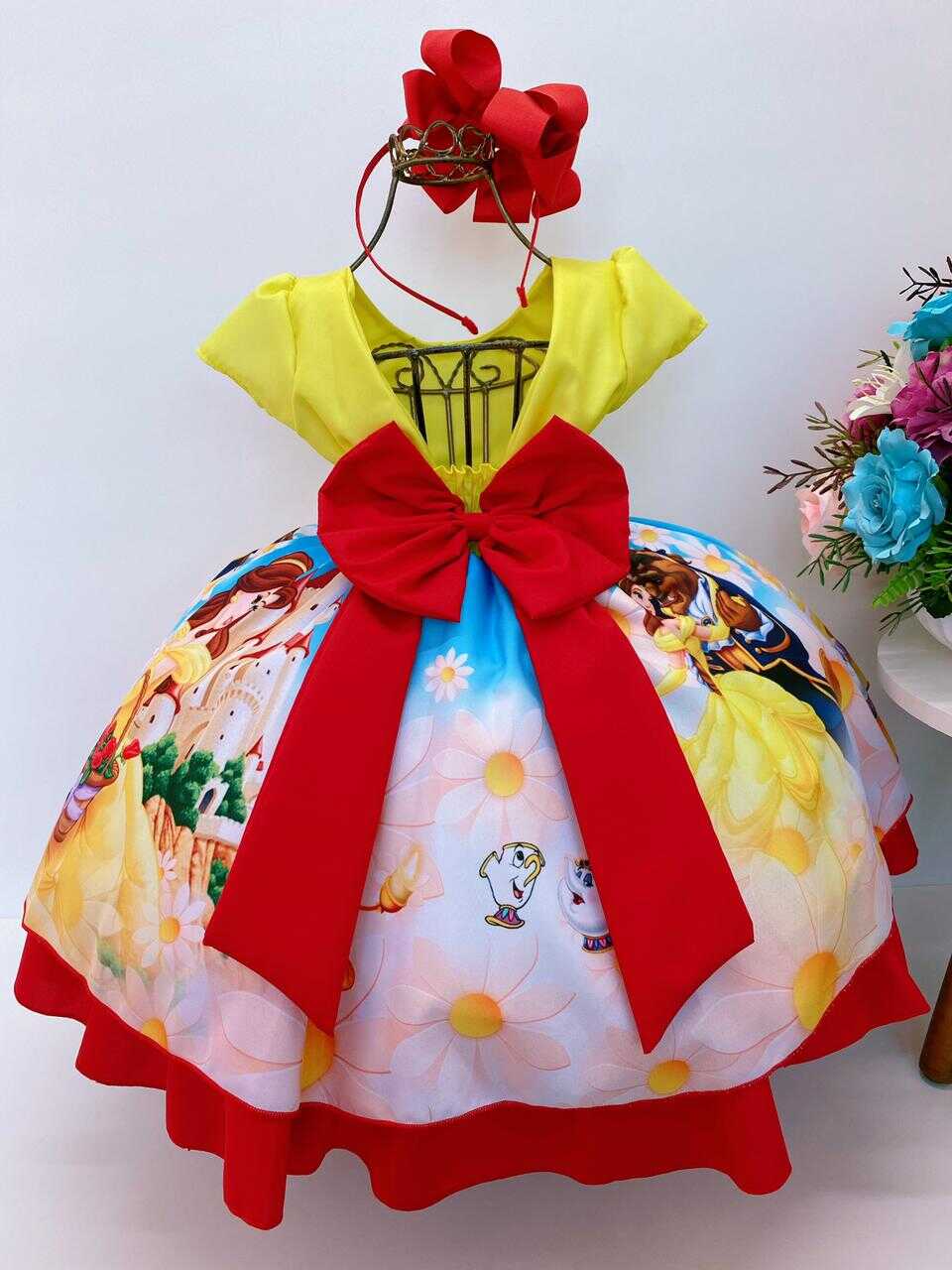 Vestido Infantil Bela e a Fera Amarelo Claro Azul e Vermelho