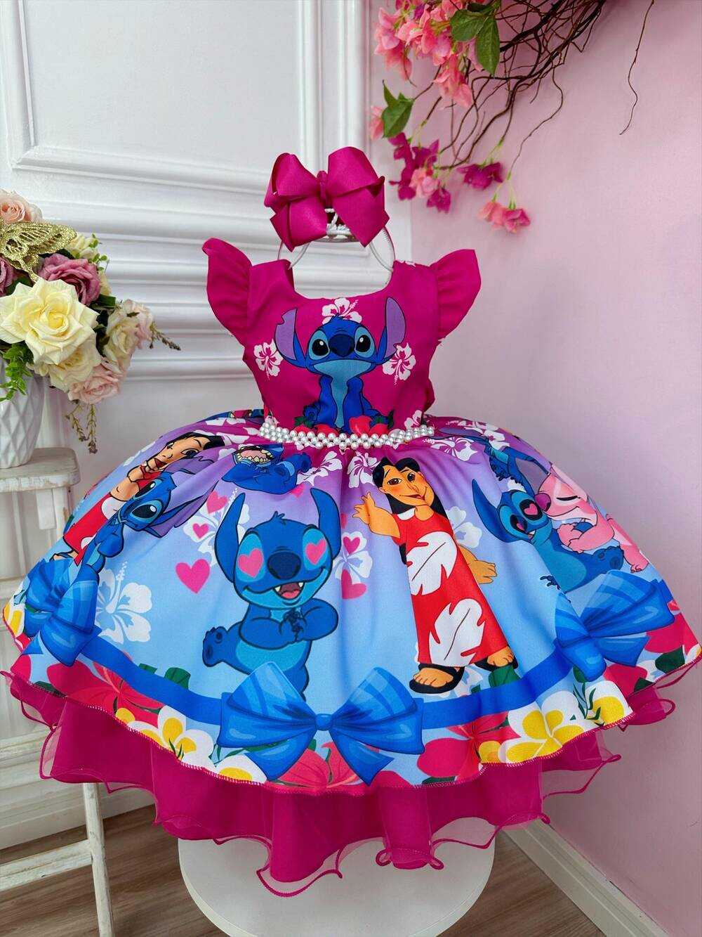 Vestido Infantil Lilo e Stitch C/ Amigos Pink Cinto Perolas