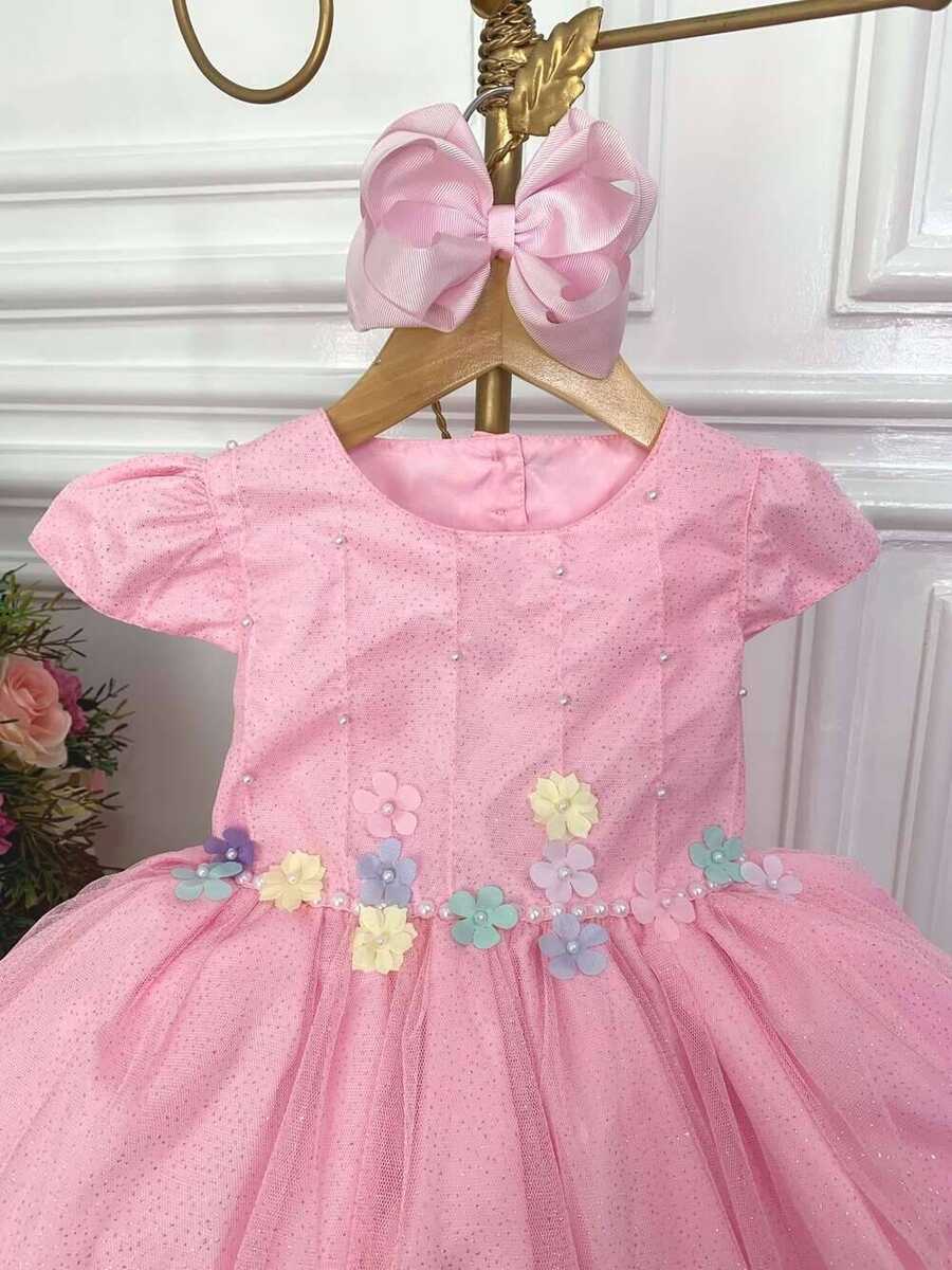 Vestido Infantil Rosa C/ Aplique de Flores Glitter Pérolas