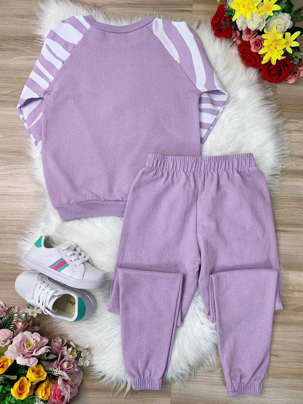 Conjunto de Moletom Blusa e Calça Lilás C/ a Manga Listrada