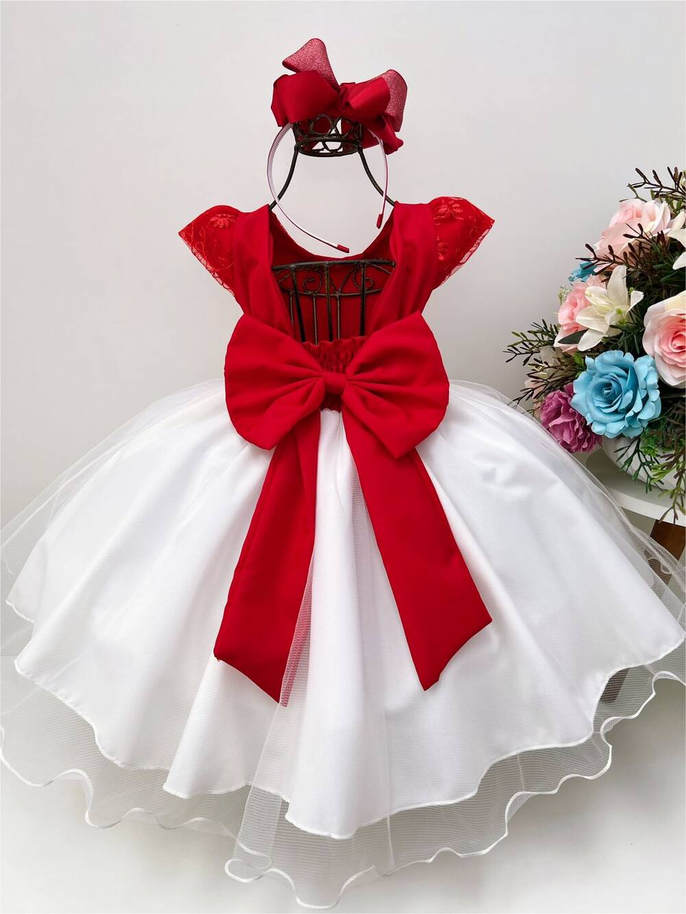 Vestido Infantil Vermelho C/ Renda e Saia Off Cinto Pérolas