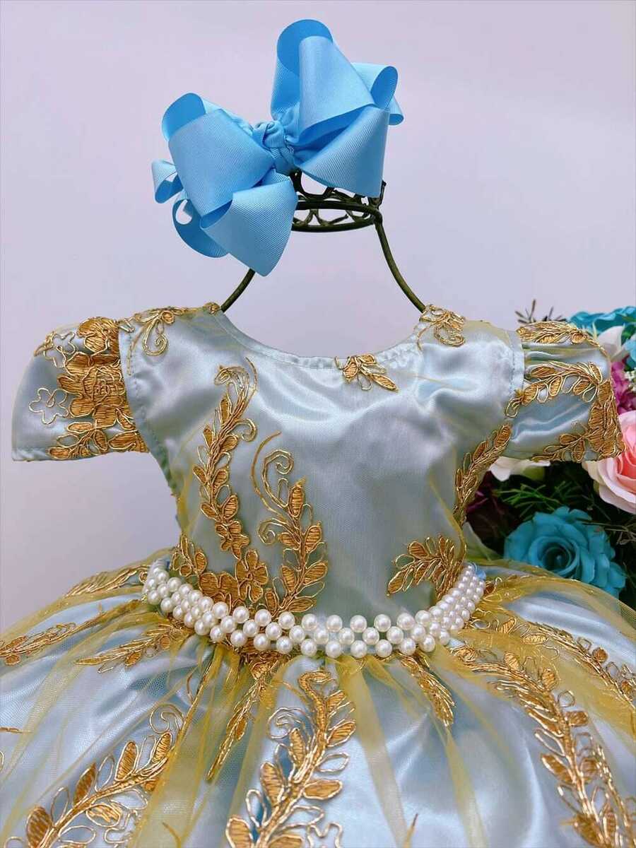 Vestido Infantil Azul Bebê Renda Dourada Realeza Damas