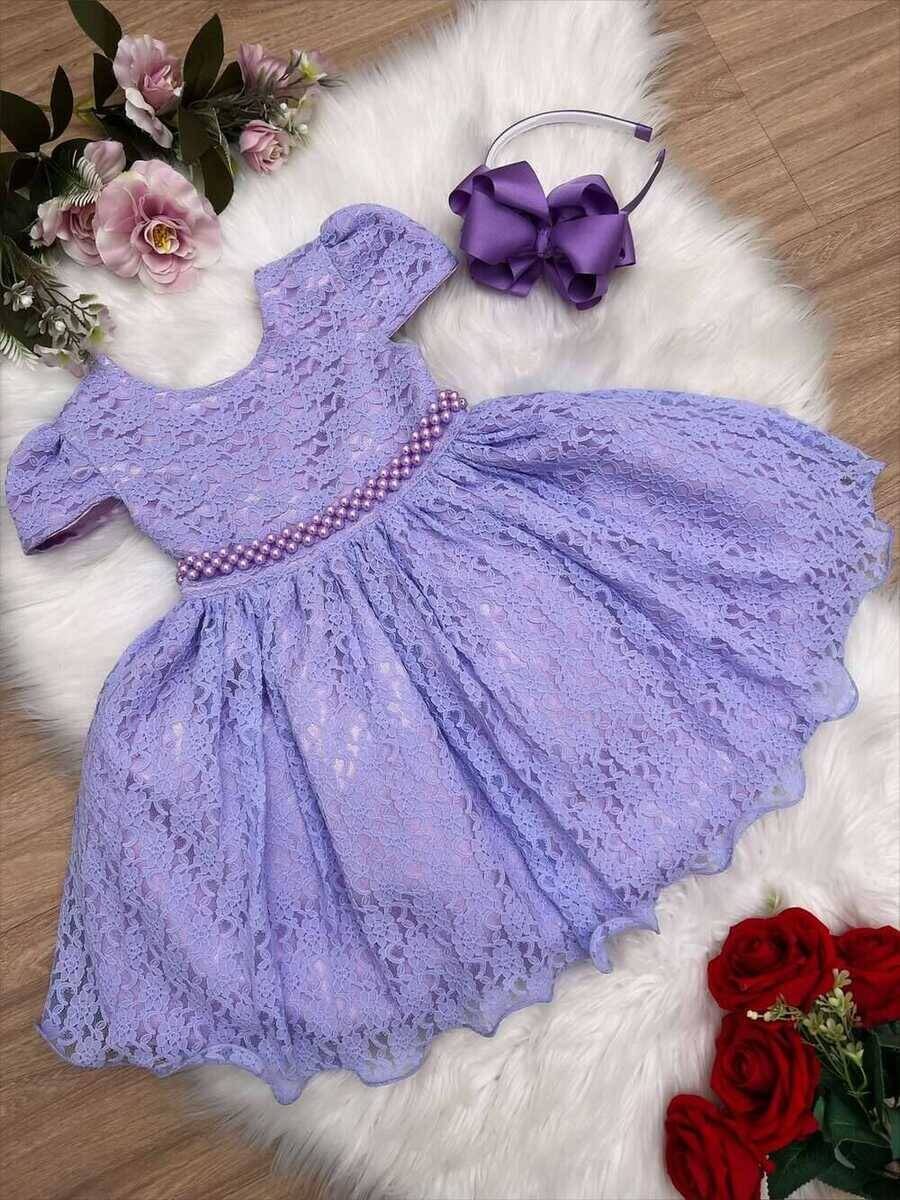 Vestido Infantil Realeza Lilás Renda e Pérolas Festa Luxo