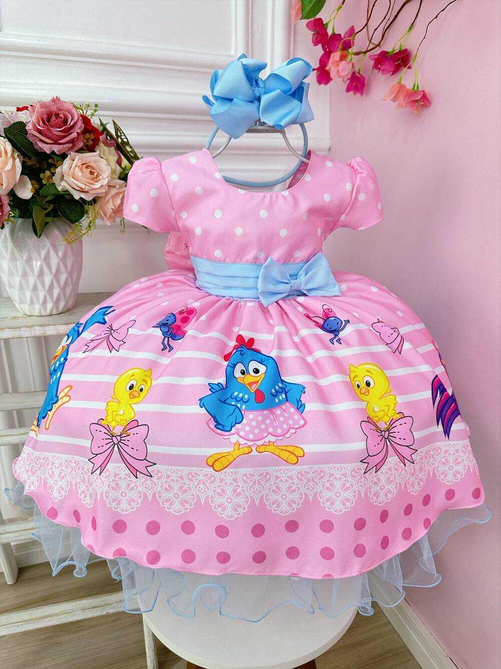 Vestido Infantil Galinha Pintadinha e Amigos Rosa Festas