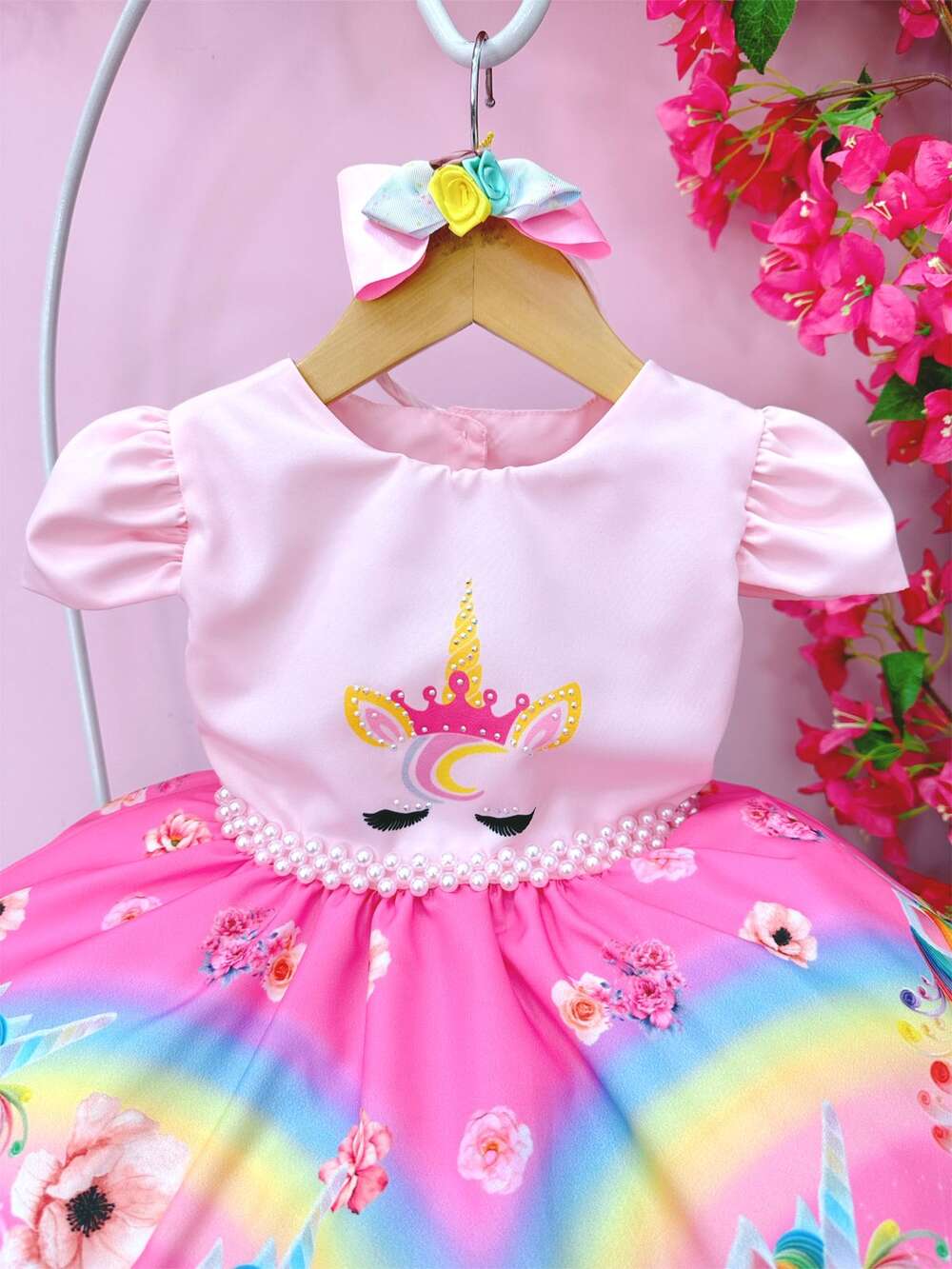 Vestido Infantil Unicórnio Rosa Acompanha a Tiara