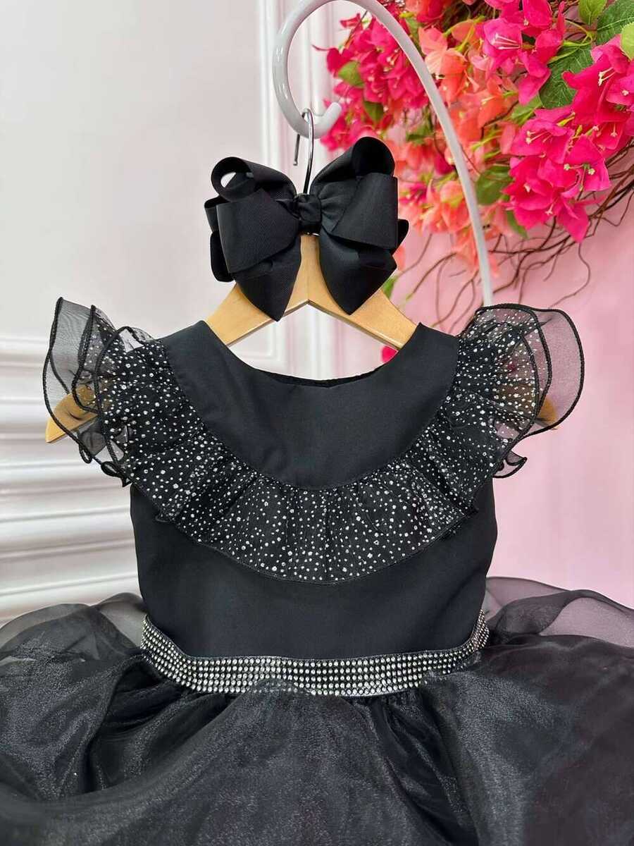 Vestido Infantil Wandinha Preto Com Cinto de Strass Luxo