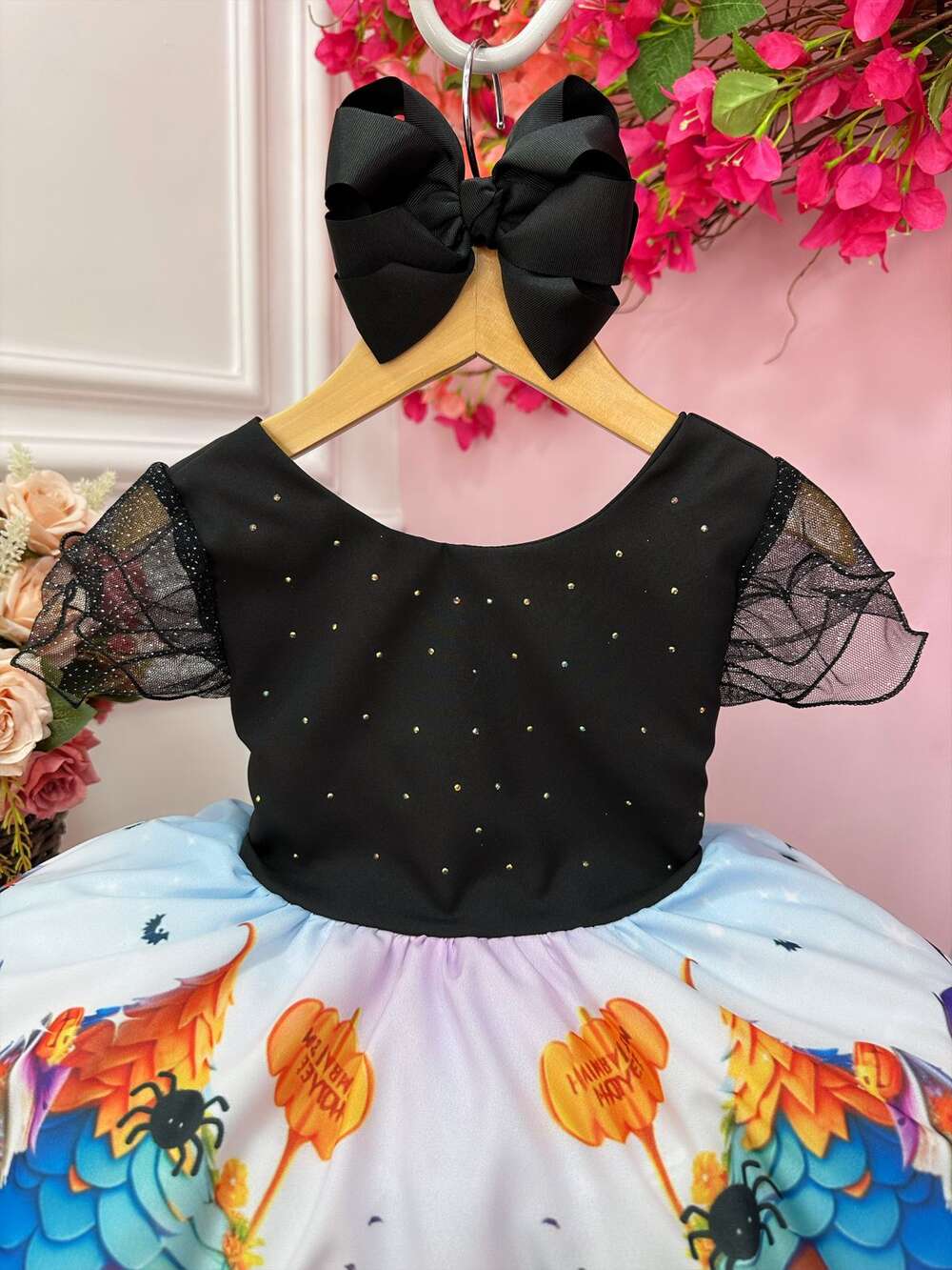 Vestido Infantil Wandinha Halloween Preto Busto Strass