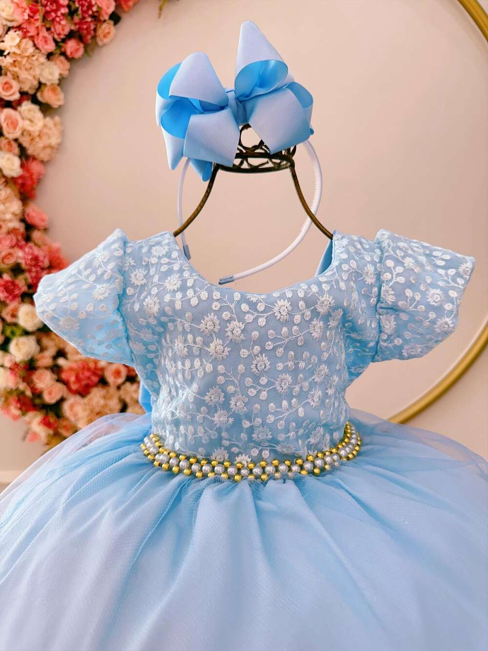 Vestido Infantil Azul Claro C/ Renda Cinto de Pérolas Festas