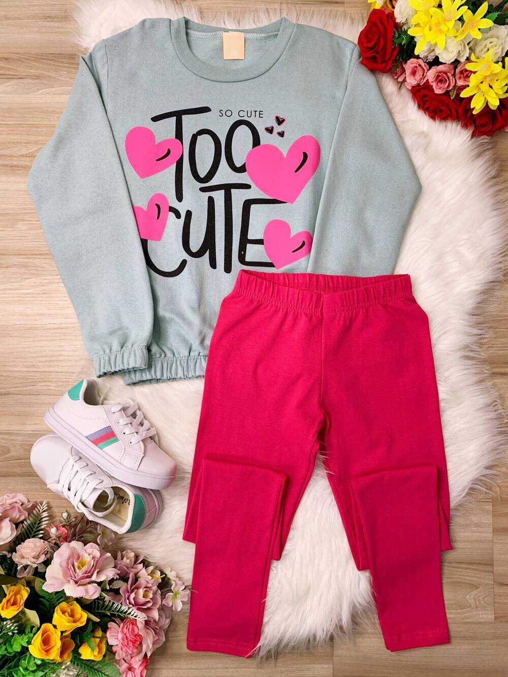 Conjunto de Moletom Blusa Verde e Calça Pink Too Cute