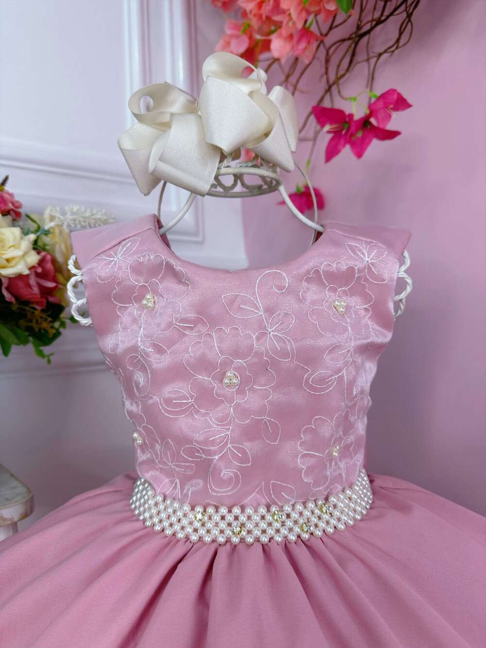 Vestido Infantil Rose C/ Renda Flores e Pérolas Damas Luxo