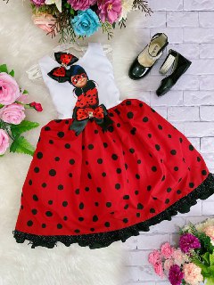 Vestido Infantil Lady Bug Branco e Vermelho com Lacinho