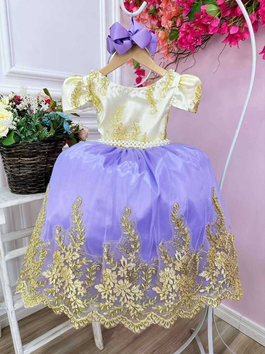 Vestido Infantil Marfim Com Lilás e Renda Realeza