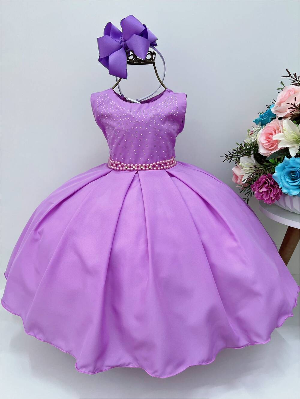 Vestido Infantil Lilás Cinto de Pérolas Peito Strass