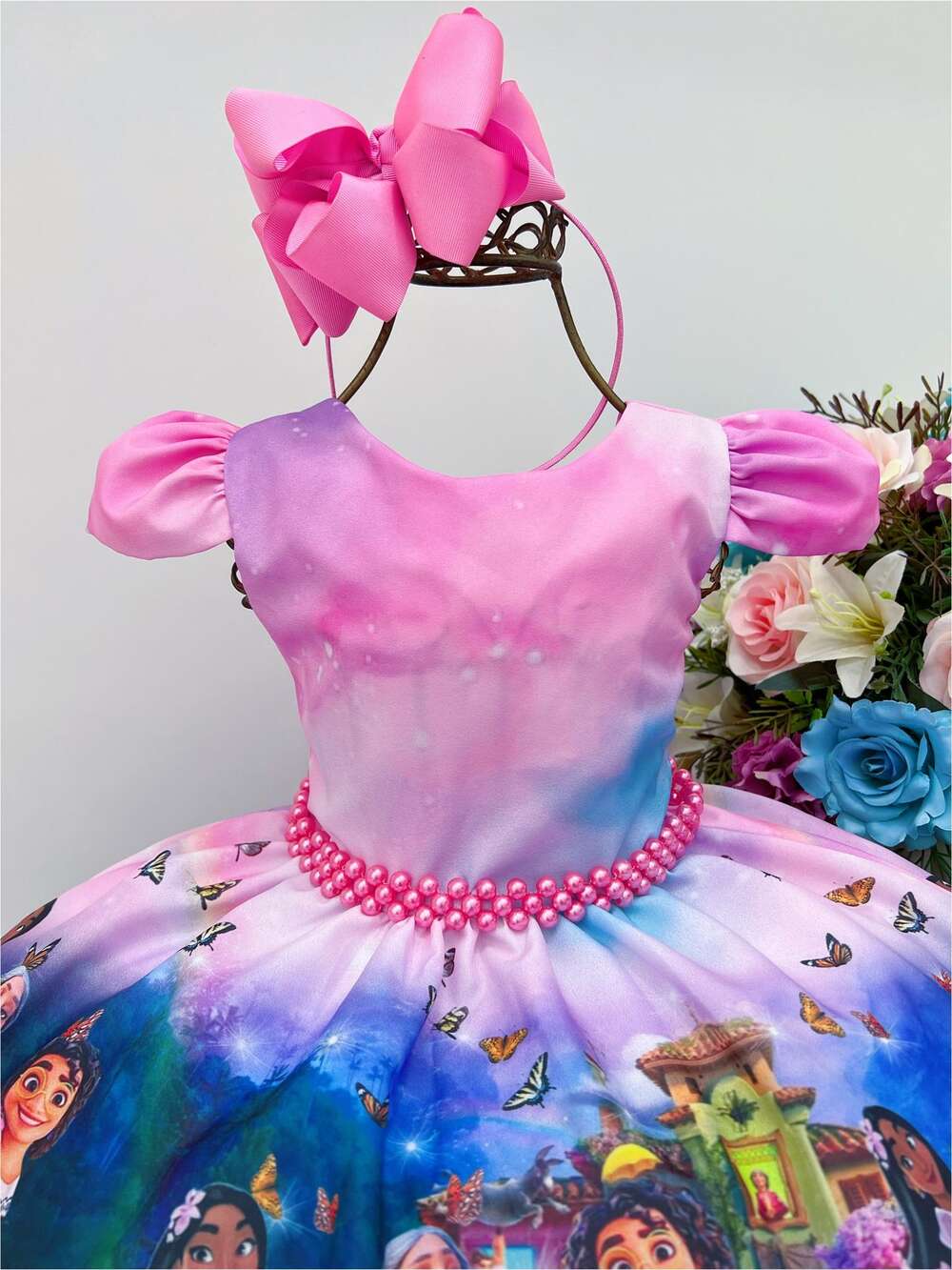 Vestido Infantil Encanto Rosa Chiclete Cinto Pérolas Mirabel