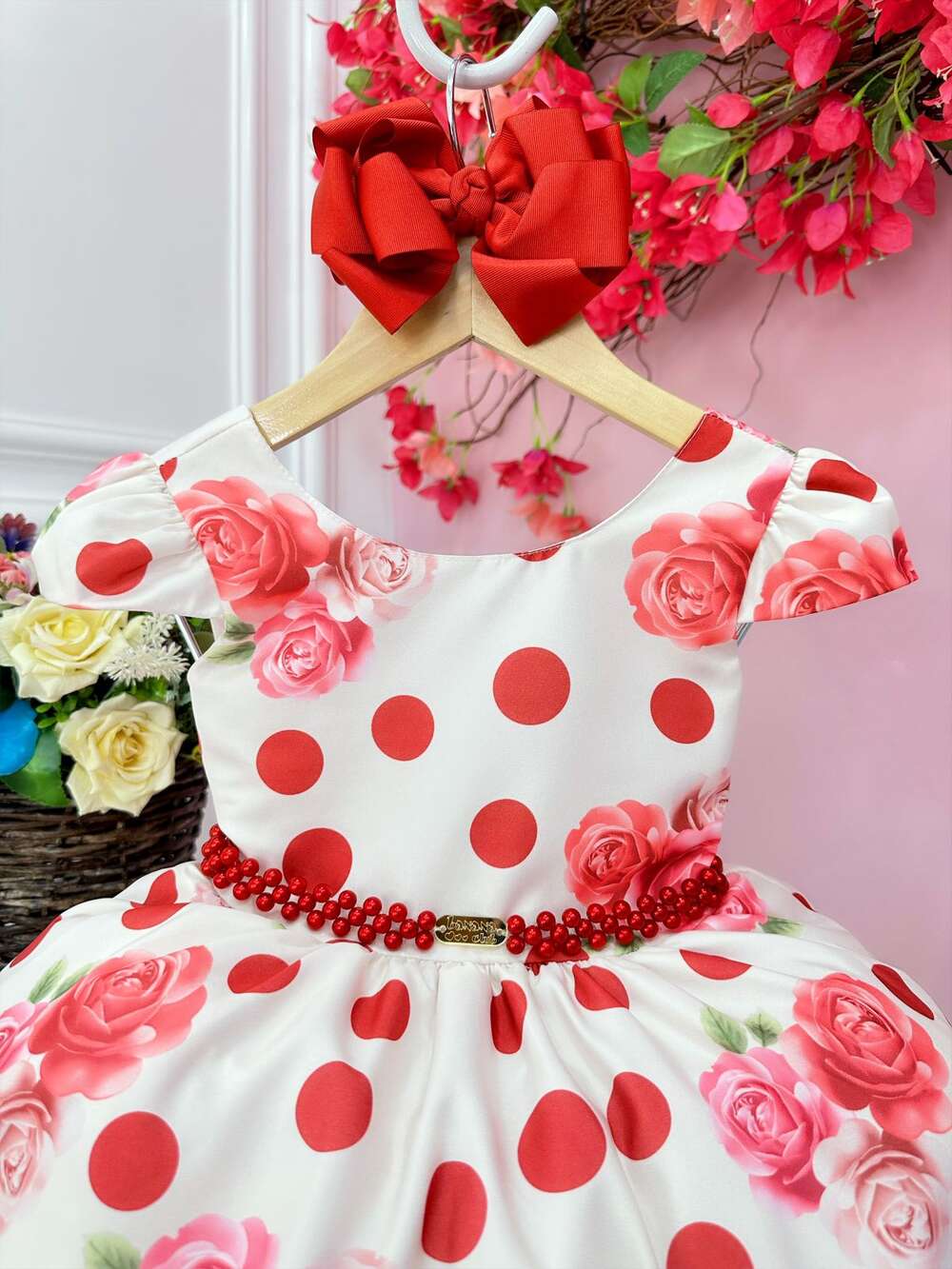 Vestido Infantil Off White Florido de Rosas Primavera Luxo